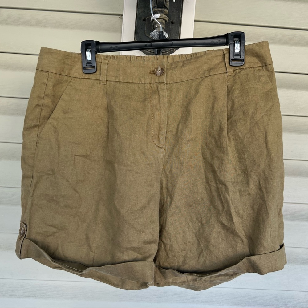 Ann Taylor LOFT Shorts Women Sz 10 Khaki 100% Linen Cuffed Casual Ladies Pockets